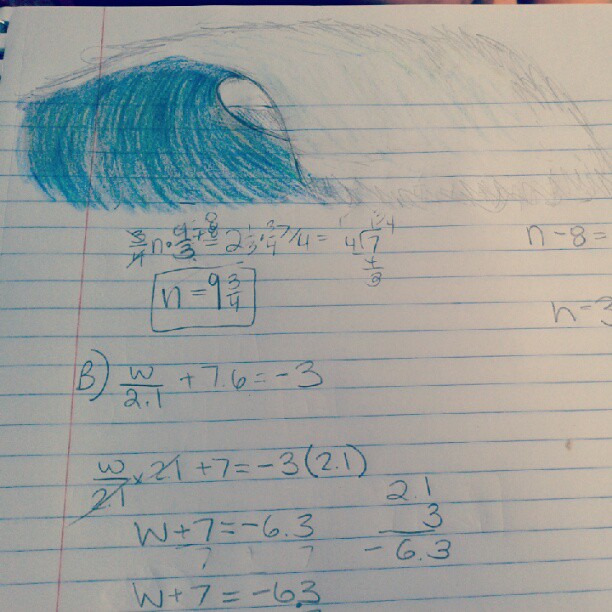 I drew this during math. I'd rather be at the beach right now, and swim P.E. is not as fun! :( #wave #beach #surfing #boogeyboarding #daydreaming #math #sucks #doodling